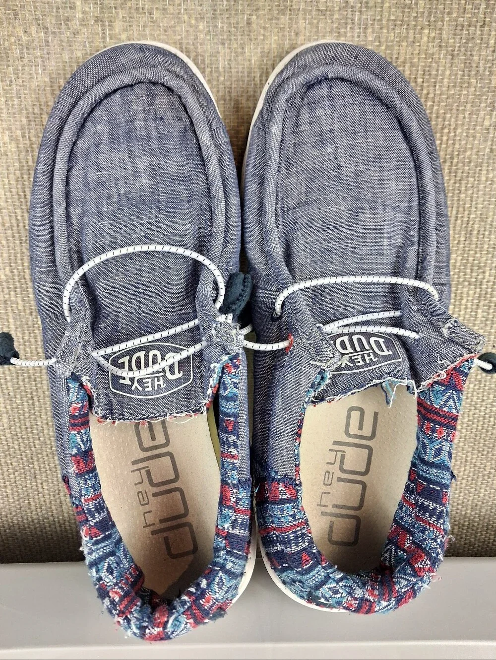 Hey Dude Wally Funk Jacquard Tribe Blue Canvas Slip On Loafers Mens 9 Womens 11